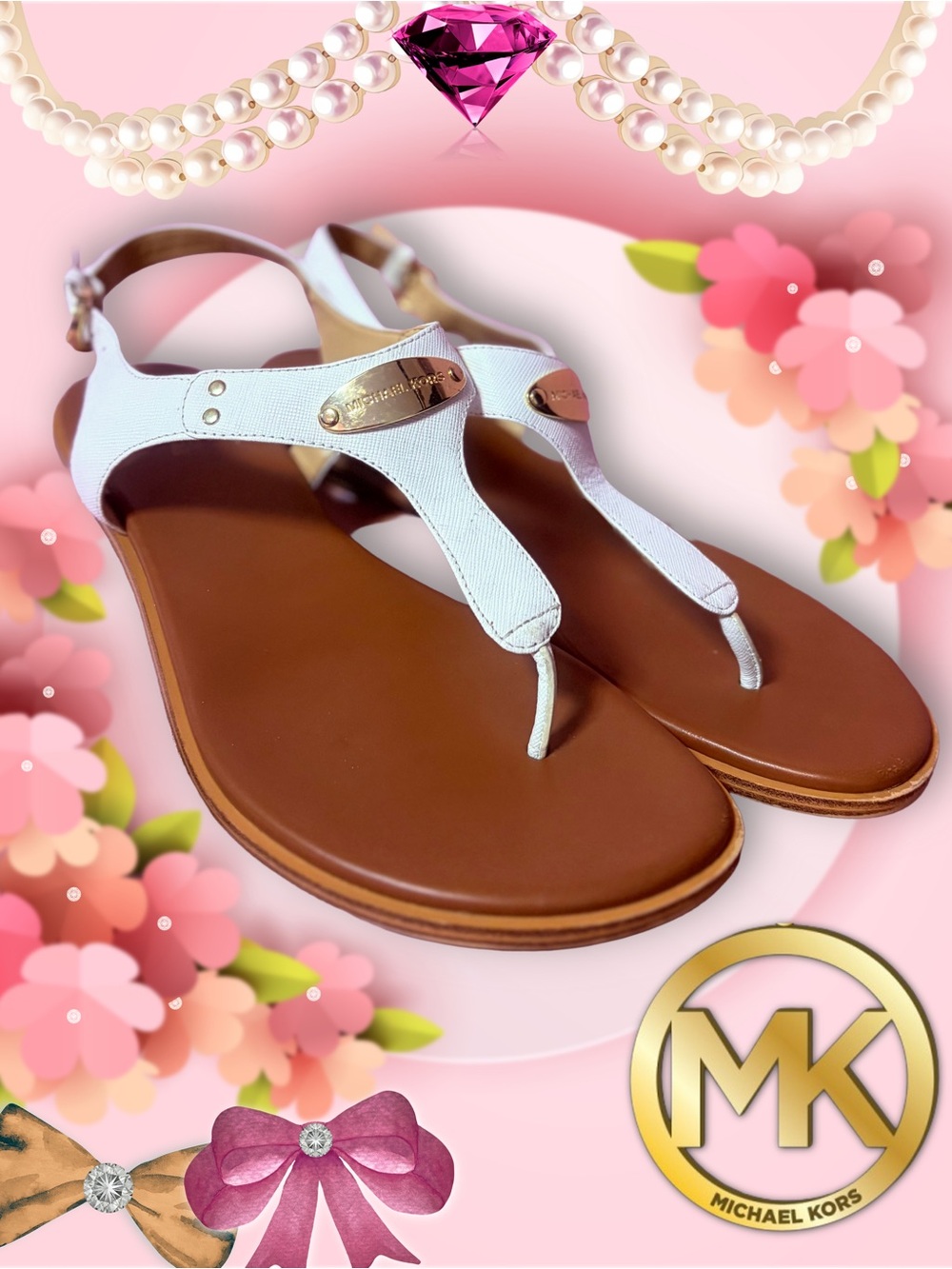 Michael Kors White/Brown Sandals with Golden Accents